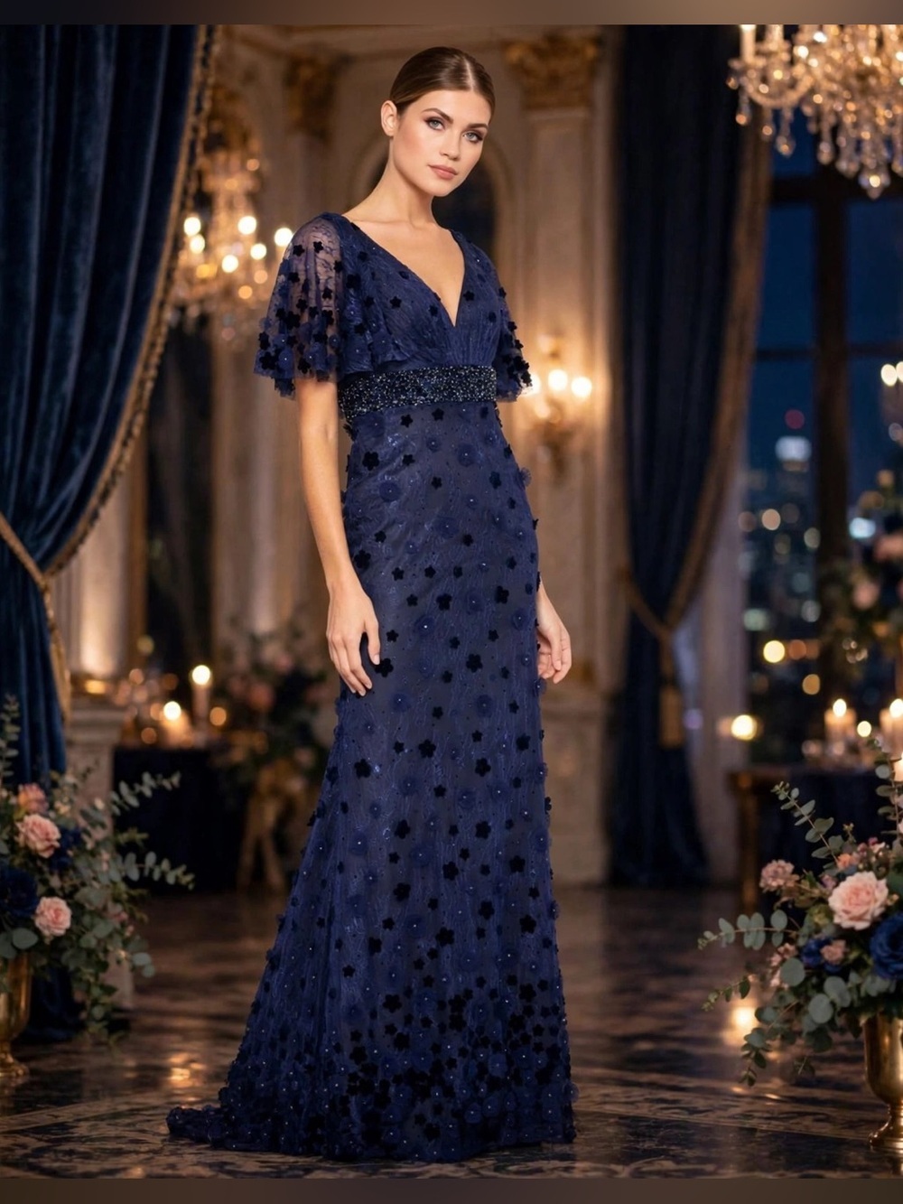 Mac Duggal EMBELLISHED FLORAL GOWN in Midnight Size 6 NEW $698